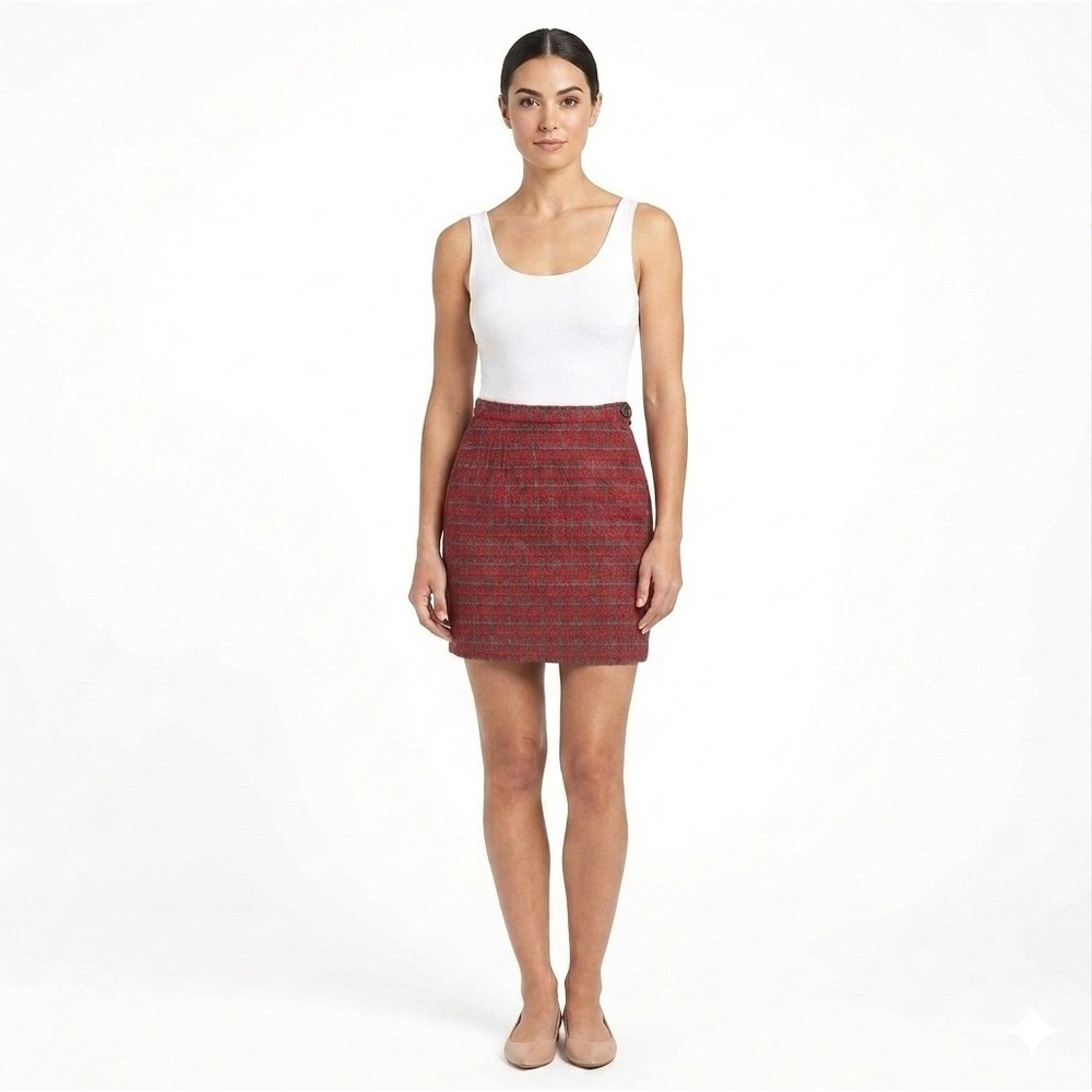 American Rag Cie Vintage Red Plaid Tweed Mini‎ Skirt 19" High Waisted Size